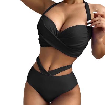 China New Breathable High Split Swimwear Cross Waist Steel Bracket Hard Wrapped Black Bikini for sale