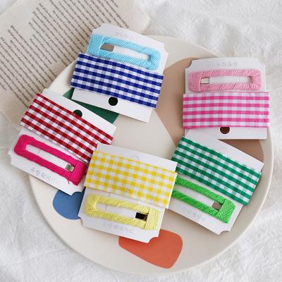 China Hair Accessories Modern Minimalist Color Plaid Cloth Hairpin Set Female BB Clip Rectangular Bangs Cut Net Red Girl for sale