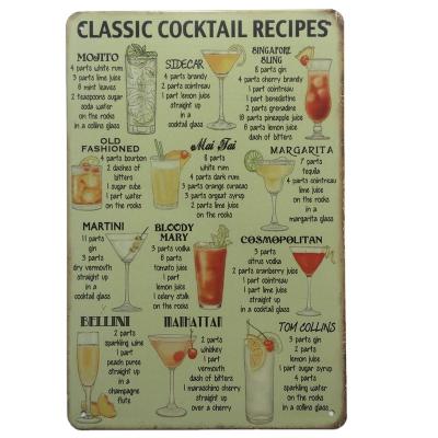 China Classic Europe Cocktail Recipes Vintage Metal Tin Sign Home Bar Restaurant Bar Kitchen Decor for sale