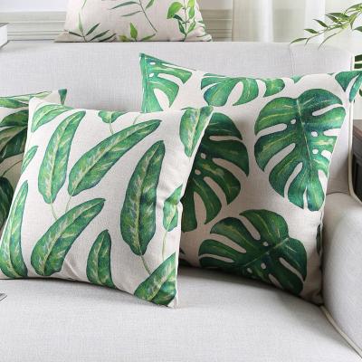 China Removable and Washable Canvas Printed Tropical Tile Palm Leaf Green Cushion Covers Tropical Leaves Home Decorative Cushion Pillow Covers for sale