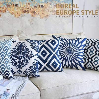 China Anti-pilling Navy Blue Geometric Tile Case Embroidered Cushion Cover Sofa Home Decor 18x18 Inch for sale