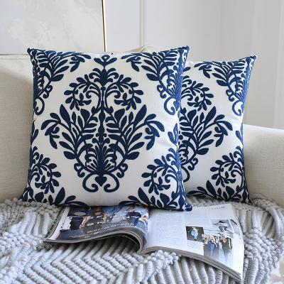 China Anti-pilling New Design Navy Blue Danmask Embroidered Cushion Cover Home Sofa Decorative Sofa Pillow Case Ethnic Luxury Throw Pillows By Cotton for sale