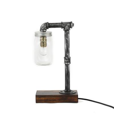 China Industrial Vintage Water Pipe Bottom Bottle Glass Shade Antique Silver Wood Night Lighting Classic Reading Decor Table Lamp for sale