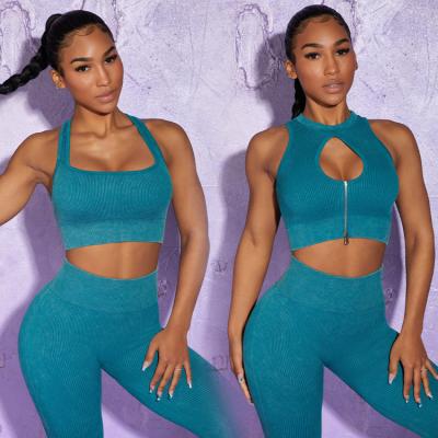 China 2022 Breathable Seamless Gym Clothing Front Bra Female Workout Sets Zipper Yoga Set 5 Piece Ladies Sportswear for sale