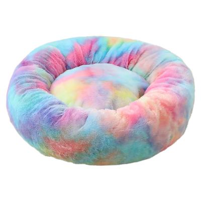 China Long Faux Fur Fabric Breathable Comfortable Dog Donut Round Dog Bed Cushion Super Soft Washable Pet Bed for sale