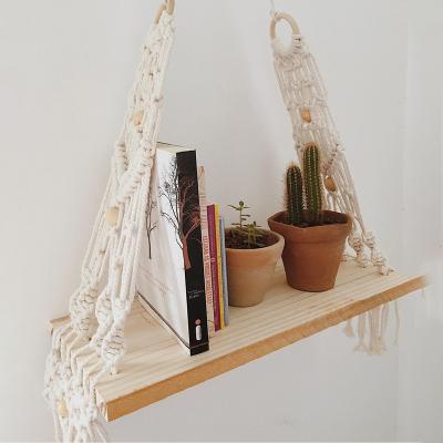 China Viable Nordic Rope Woven Floating Shelf Plants Storage Cotton Rack Tapestry Wall Shelf Handwoven Wall Hanging Decoration Wood for sale