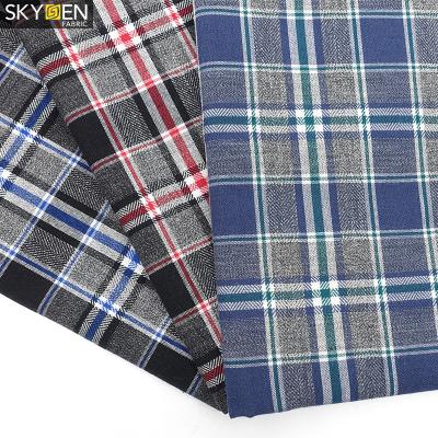 China Skygen Anti-Static Black Blend Tartan Plaid Muslin Gingham Cotton Check Design Blue Red Fabric for sale