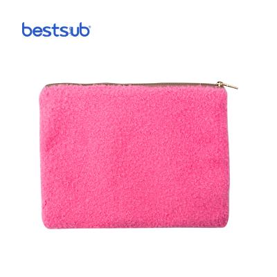 China Wholesale Sublimation Pink Personalized Custom Logo Blended Plush Sublimation Cute Small Travel Pouch Pencil Case Makeup Bag For Girl for sale