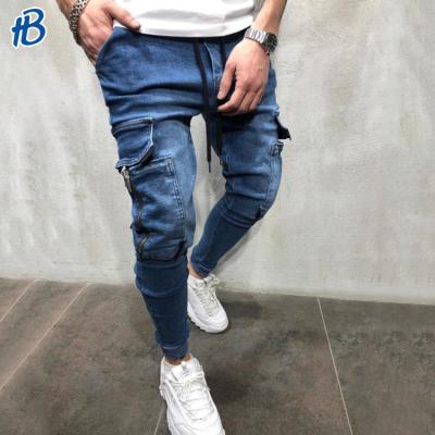 China New Sale Men's Elastic Force Zipper Fitness Beam Foot Jogging Muscle Breathable Side Jeans Pants Big Size Side Pocket Hot QUICK DRY for sale