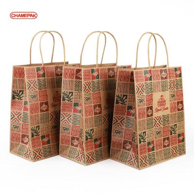 China Disposable Recyclable Kraft Paper Bag With Your Own Logo , Custom Shopping Paper Bag For Food With Handle for sale