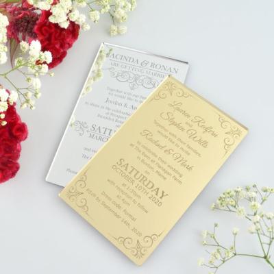 China Custom Clear Acrylic Wedding Invitation Card With Box Luxury Gold Mirrored Acrylic Invitation Card for sale