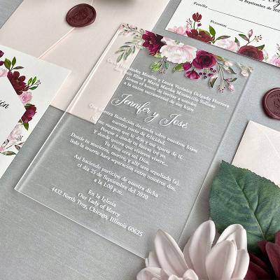 China Transparent Acrylic Printed Red Flower Wedding Invitations Cards With Butterfly for sale