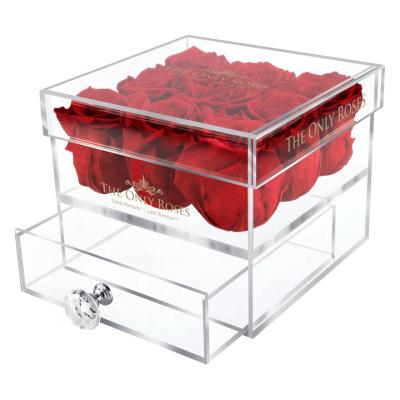 China Recyclable Fast Delivery Preserved Flower Box With Drawer Acrylic Rose Packaging Luxury Clear Flower Box for sale