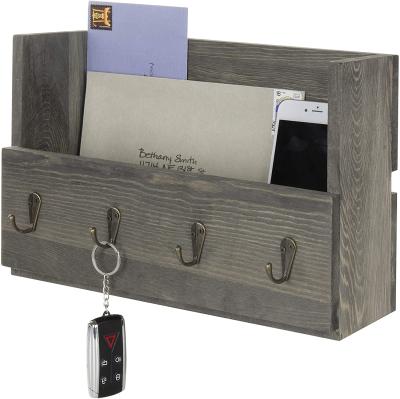 China Wholesale Rustic Stored Gray Wooden Wall Mounted Key Mail Rack Organizer with 4 Key Hooks for sale