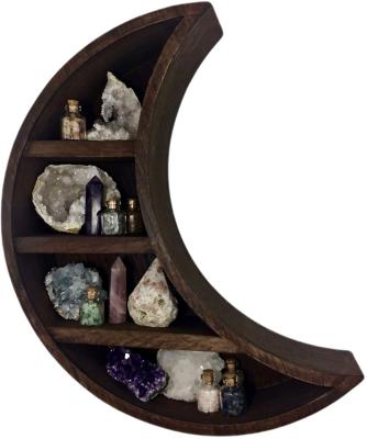 China Modular Decor Crystal Display Shelf Rustic Mango Crescent Moon Phase Wooden Moon Wall Shelf for Crystals and Stones for sale