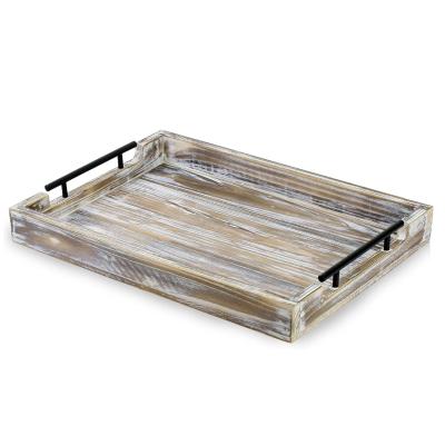 China Farmhouse Dining Centerpiece Trays Distressed Decorative Rustic Farmhouse Kitchen Wood Serving Tray with Metal Handles for sale