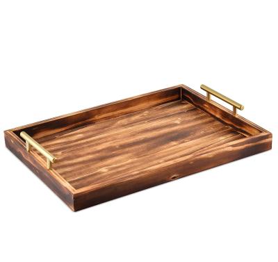 China Farmhouse Decorative Wooden Serving Tray Large For Ottoman Coffee Table Wood Tray With Gold Handles for sale