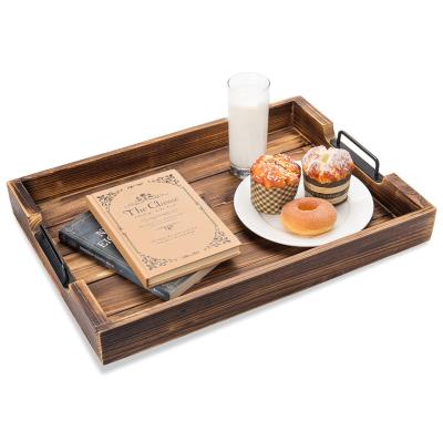 China Rustic Burnt Wood Serving Tray 20-Inch Tall With Modern Black Metal Handles for sale