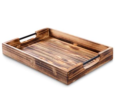 China Farmhouse Ottoman Farmhouse Rustic Wooden Serving Tray Coffee Table Tray with Metal Handles for sale