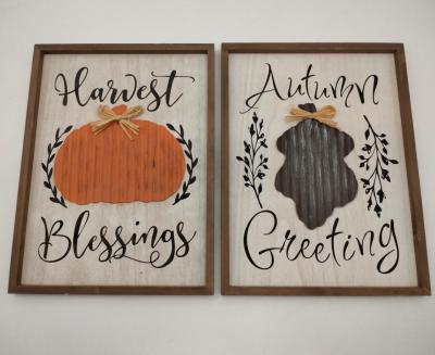 China Europe Harvest Blessings Pumpkin Autumn Greeting Wood Framed Wall Decor Hanging Sign for sale