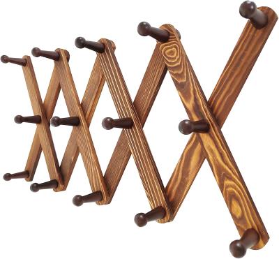 China Sustainable Vintage Wood Peg Rack Wall Hangers Expandable With 13 Hooks For Hats Coat Cups Scarf Jewelry Storage for sale