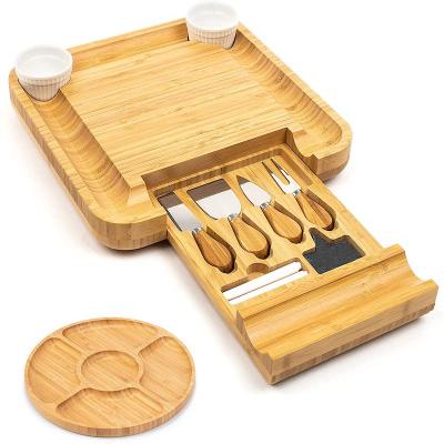 China Disposable Unique Housewarming Bamboo Cheese Board and Knife Set Wine Meat Cheese Tray for sale