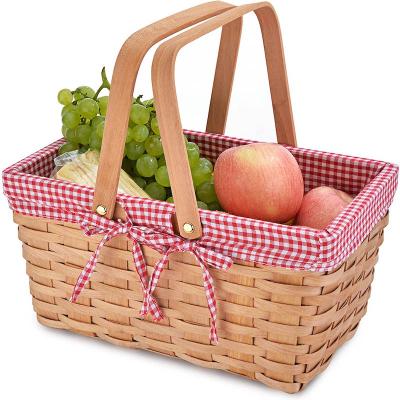 China Sustainable High Quality Wooden Basket Natural Woven Picnic Basket Organizer Food Storage With Double Folding Handles for sale