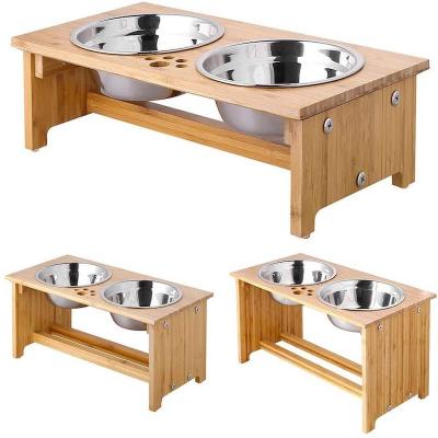 China Sustainable Bamboo High Dog Food and Water Bowls Stand Feeder Wood Raised Dog Bowls with 2 Stainless Steel Bowls for sale