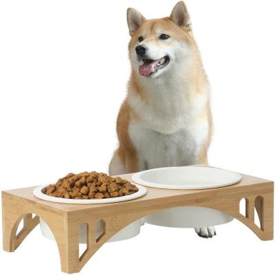 China High Quality Durable High Quality Pet Bowl Ceramic Double Dog High Feeding Bowl With Wooden Frame Rack for sale