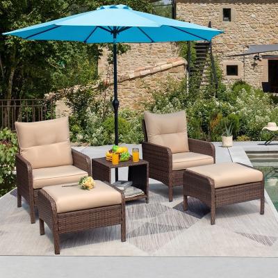 China Modern Rattan Furniture, 5 Patio Furniture Set Outdoor Furniture Set, Cushioned Patio Conversation Set with Ottoman and Coffee Table for sale