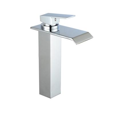 China Metered Faucets Deck Mounted Design Solid Square Chrome Bathroom Vessel Waterfall Faucet Vanity Sink Faucet Mixer Brass for sale