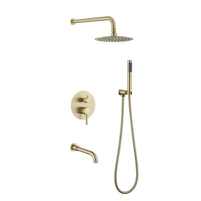 China With Three Way Brushed Gold SUS 304 Wall Mounted Metal Slide Bar Showerhead Concealed Shower Set Set Kit With Tub Spout And Handheld Shower for sale