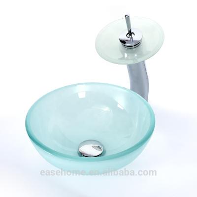 China Round Tempered Glass Vessel Bathroom Vanity Modern Sink Bowl, Combo Chrome Faucet Auto Drain, Frosted for sale