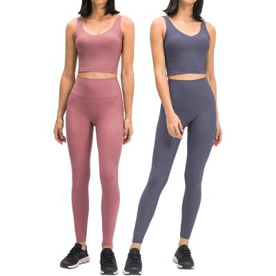 China New Breathable Rib Fabric V-Neckline Cropped Yoga Sports Bra And Yoga Pants Set Strong High Waist Leggings Gym Fitness Sets for sale