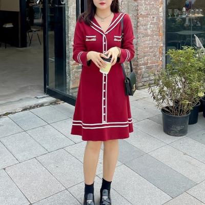 China Peter Pan Collar Front Pockets Red Sailor Dresses With Chains Knitting Winter Loose Casual Dress Anti-Static Vestidos De Malha Simple for sale