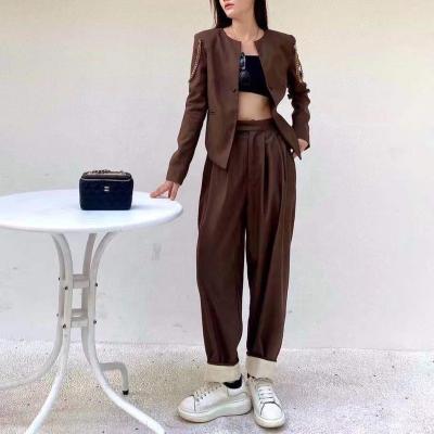 China Autumn Fashion Ladies Wear Neon Solid Crew Neck Chains Anti-pilling Blazer Loose Pants Casual Suit Two Piece Set for sale