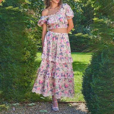 China 2022 New Wholesale Hot Good Quality Summer Fashion Puff Sleeve Floral Bohemian QUICK DRY Spring Plus Size Long 2 Piece Skirt Set Women for sale