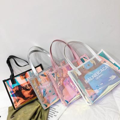 China Large Waterproof Luxury Handbags For Women New Design Tote Bag Pvc Custom Logo Iridescent Holographic Tote Beach Bag for sale