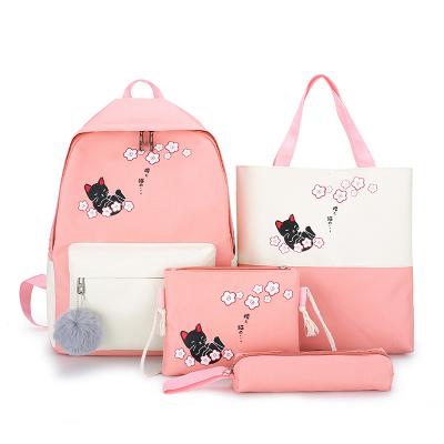 China Lovely waterproof 4pcs cat set school students canvas backpack bag for girl large capacity backpack for sale