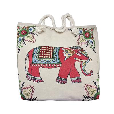 China Hot Selling Fashion Thailand Bangkok Elephant Pattern Cotton Canvas Rope Ladies Single-shoulder Double-sided Luxury Beach Tote Bag for sale