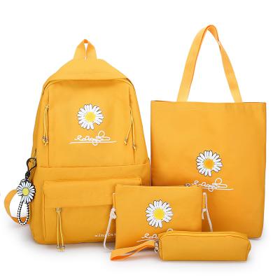 China Anti-theft Customized Korean Girl Pure Color Four-piece Set Small Student Canvas School Bag Daisy Print Nice Backpack Large-Capacity for sale