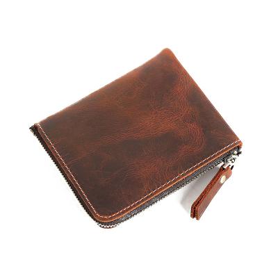 China Retro Men's Retro Leather Anti-theft Shorts Handmade Zipper Wallet Top Ultra Thin Layer Cowhide Wallet Coin Purse for sale