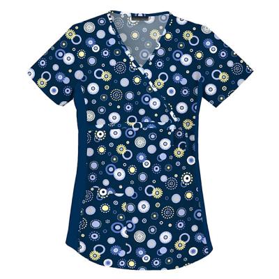 China Wrinkle Resistant Fashionable Poly Stretch Y-Neck Stretch Nursing Uniforms Short Sleeves Printed Scrubs Tops for sale