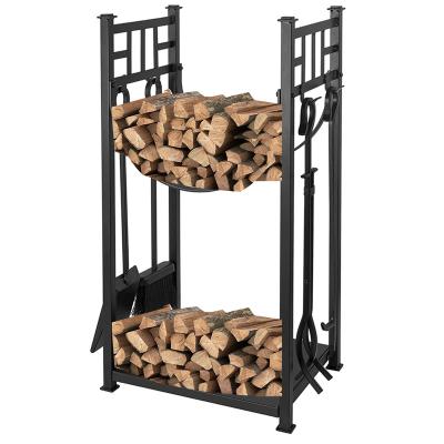 China Custom High Quality Firewood Storage Fireplace Tool Factory Metal Firewood Rack Log Holder with Tool Kit for sale