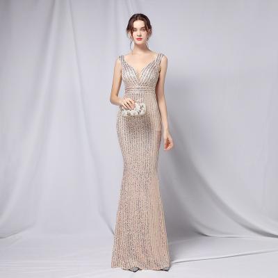 China New Design 18757#2021 Anti-Static Sequined Sleeveless Trumpet Or Mermaid V-Neck Floor Length Sleeveless for sale