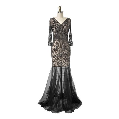 China Long Black V-Neckline Sequin Evening Dresses Supplier Anti-Static Mermaid Prom Dress Supplier for sale