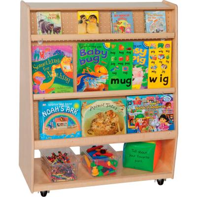 China Modern Wooden Book Bookcase With Casters For Toddlers Kindergarten Kids Wooden School Furniture On Sale for sale