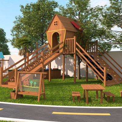 China Kindergarten Wooden Treehouse For Outdoor Playground Equipment Wooden Installation for sale