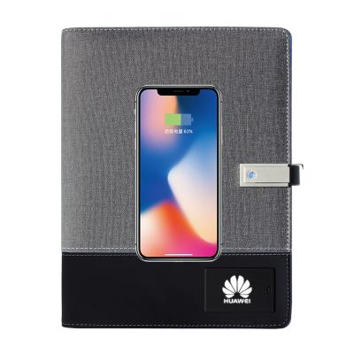 China Custom Phone 2021 Wireless Power Bank Charging Notebook With LED Light Logo USB Flash Drive PU Leather A5 Powerbank Diary For Business Gift for sale