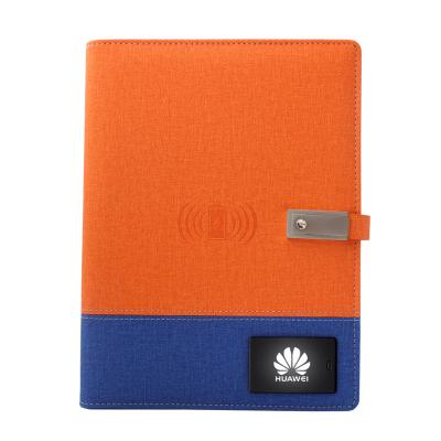 China Phone Business Gift Power Bank Charging Wireless Notebook With LED Light Logo USB Flash Drive PU Leather A5 Diary for sale